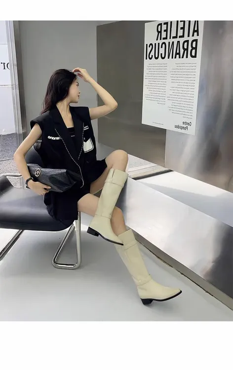 2286～欧美风尖头女士长靴2024新款复古不过膝高筒骑士靴