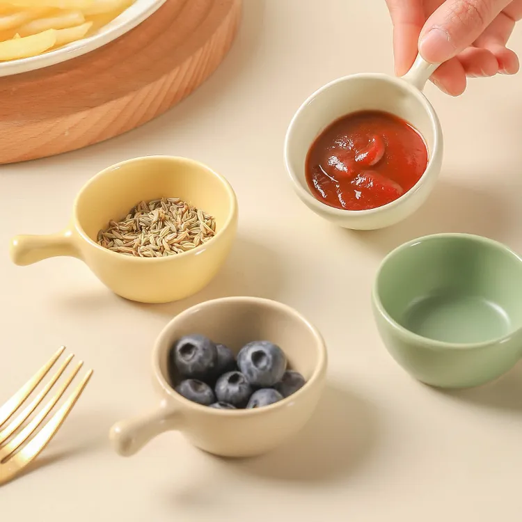 川岛屋奶油风蘸料碟调味碟带手柄陶瓷小碟子家用高颜值蘸酱油醋碟