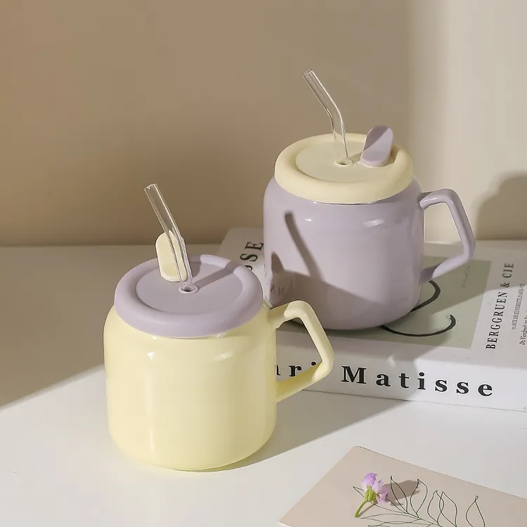 川岛屋奶油风杯子陶瓷带盖吸管马克杯女生高颜值家用办公室喝水杯