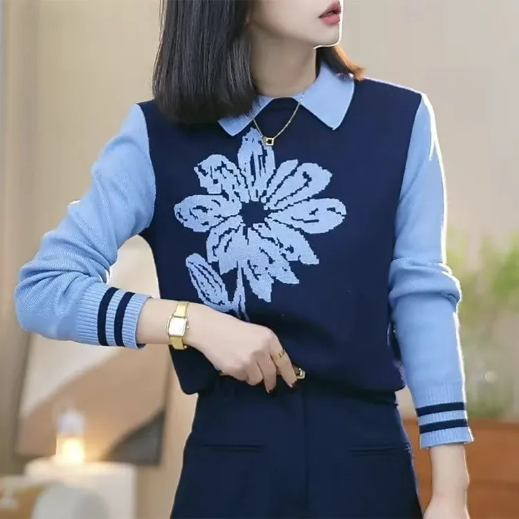 花朵提花长袖拼接假两件马甲毛衣女秋冬别致超好看减龄针织衫上衣