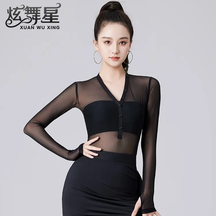 拉丁舞上衣女新款长袖网纱国标形体训练服网红跳舞服装摩登舞蹈服