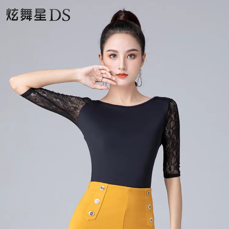 国际摩登舞上衣后背性感蕾丝拉丁舞蹈服圆领修身交谊舞形体练功服