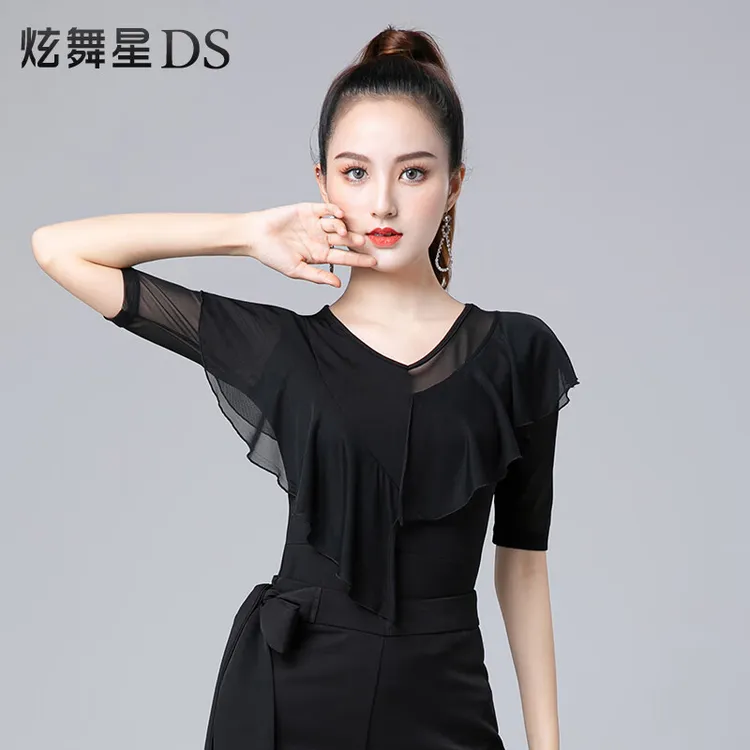 拉丁舞练功服女网纱形体练功服V领国标舞新款摩登交谊舞舞蹈服装