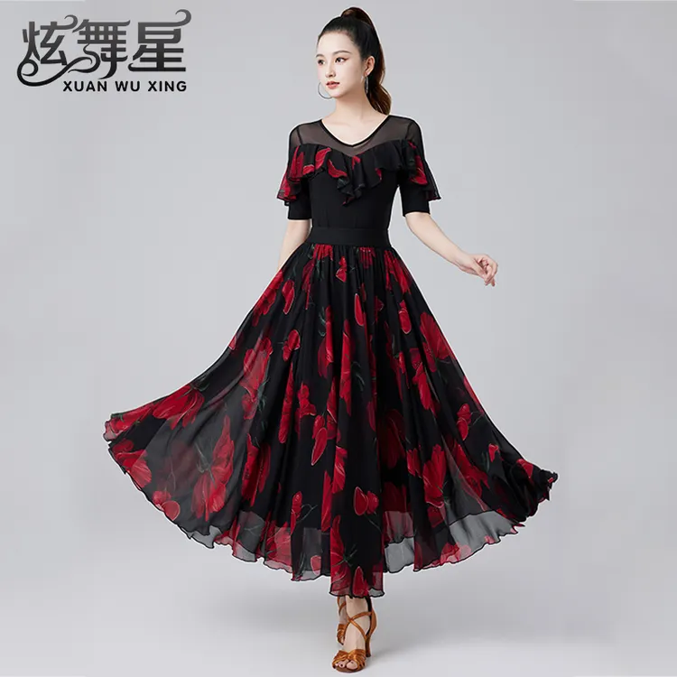 时尚拉丁舞蹈服气质印花网纱华尔兹上衣女成人交谊舞中袖练功服秋