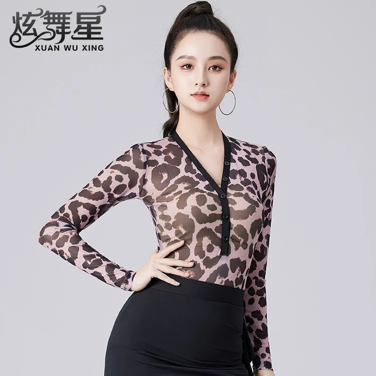 摩登舞服女新款性感V领豹纹吉巴特训练服装成人交谊舞拉丁舞上衣