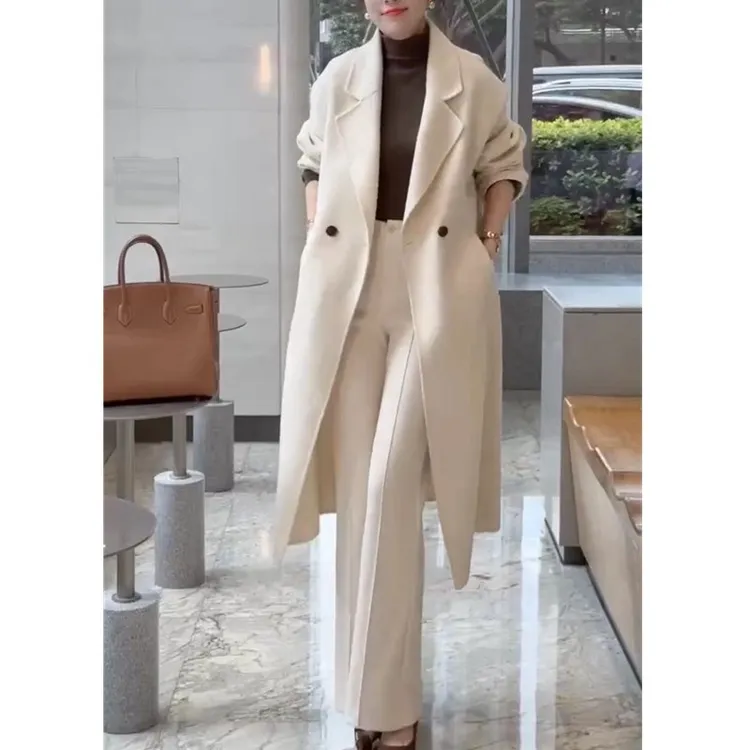 秋冬新款时尚纯色中长款外套直筒长裤女装