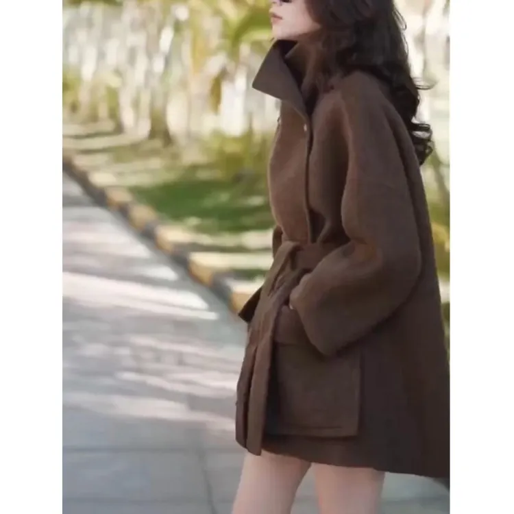 秋冬新款韩版时尚系带宽松呢子外套显瘦洋气