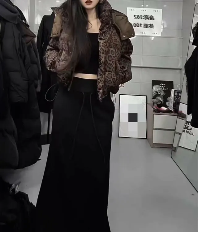 冬季新款豹纹连帽宽松加厚棉服外套半身裙女装