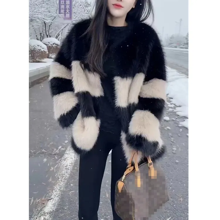 冬季新款保暖时尚宽松外套拼色洋气女装