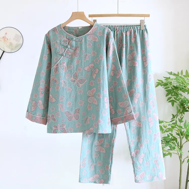 色织提花工艺国风盘扣蝴蝶款睡衣套装纯棉家居服睡衣女套装全棉