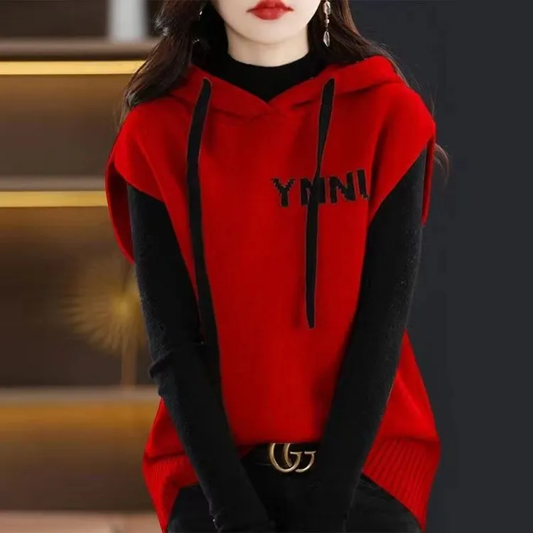 无袖连帽字母提花针织衫马甲背心女秋冬新款拼色减龄叠搭外套小衫