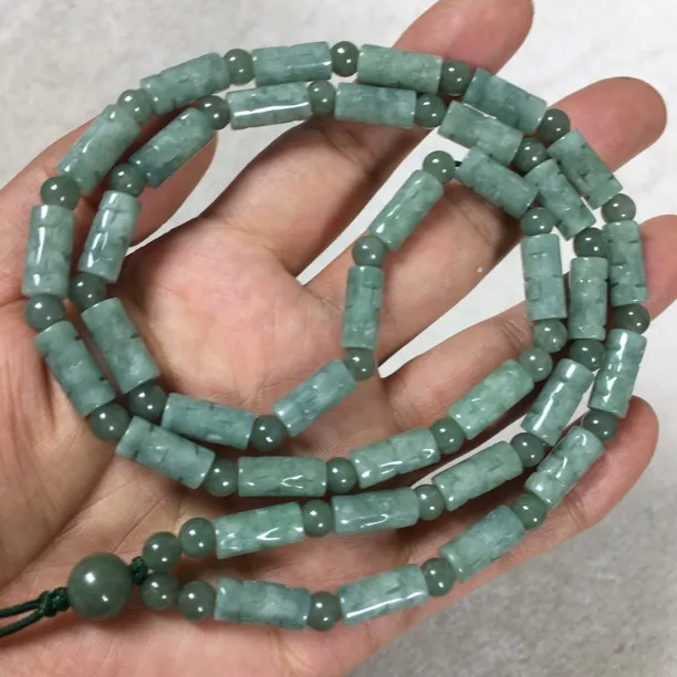 天然A货翡翠竹节珠链浅绿色油青桶珠路路通男女款吊坠挂链绳满珠