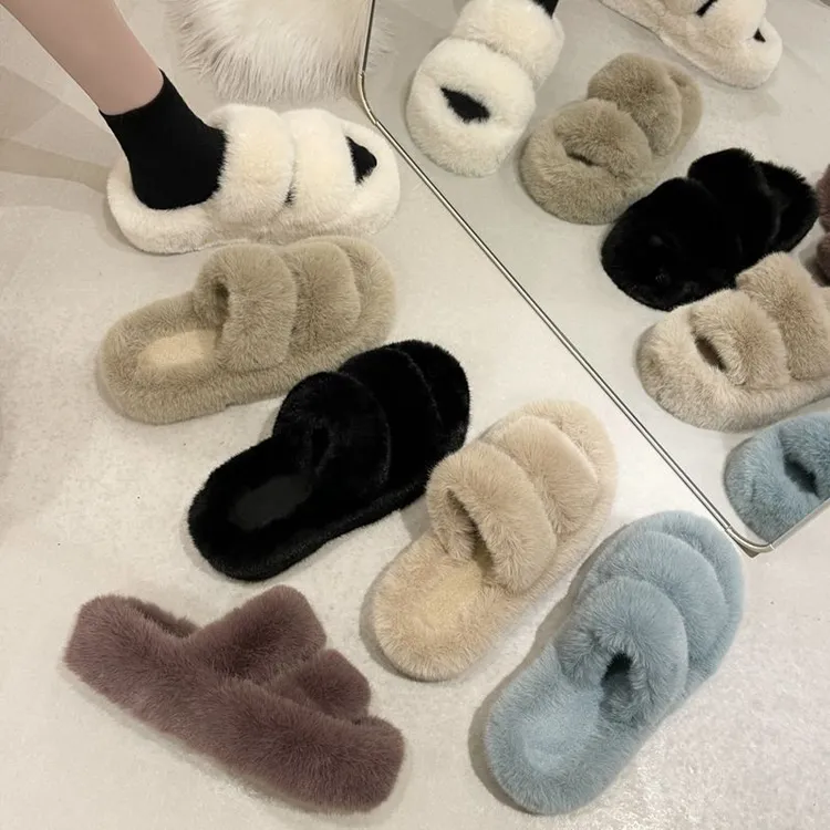 手工一字拖女鞋2025新款毛拖鞋女网红爆款冬季加绒外穿防水防滑