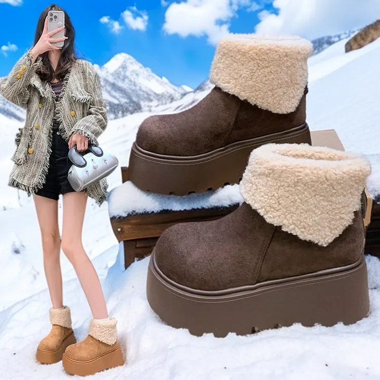 时尚雪地靴网红2025冬季新款百搭法式厚底坡跟短筒防滑保暖芒果头