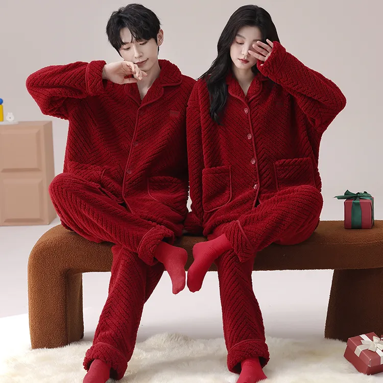 芬腾可安情侣睡衣秋冬季珊瑚绒新婚结婚红色男女法兰绒本命年男家