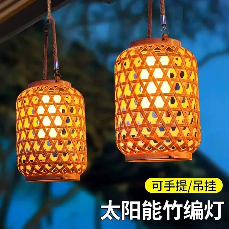 太阳能灯麻绳藤编灯笼仿竹编复古庭院花园户外氛围桌灯吊灯