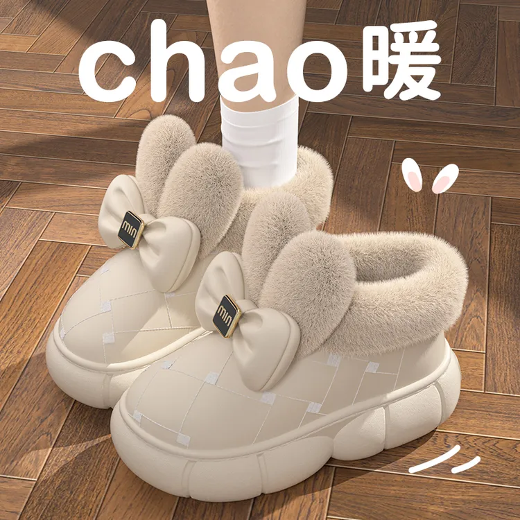 蝴蝶结亲子棉拖鞋女童冬季2025新款家居室内外穿加绒加厚宝宝棉鞋