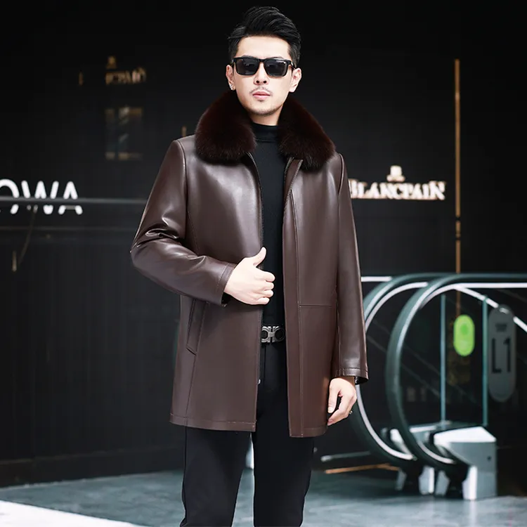 真皮皮衣男中长款冬季绵羊皮皮衣男士皮夹克狐狸领中老年爸爸外套
