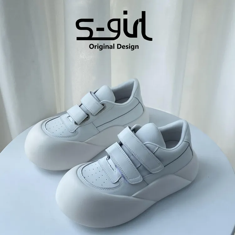 SGIRL TWTW魔术贴丑萌大头面包鞋女休闲百搭运动鞋厚底真皮小白鞋