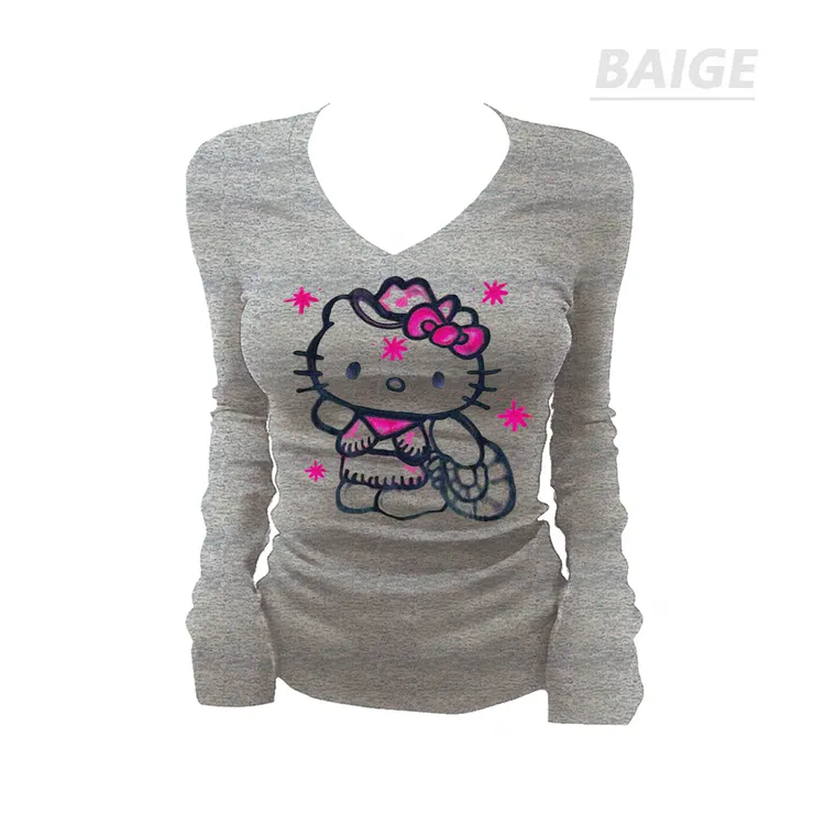 BAIGE正肩纯棉打底小众正肩V领显胸T恤女纯欲修身显瘦长袖上衣