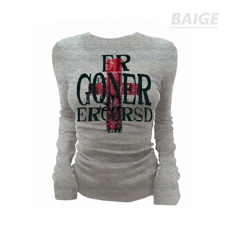 BAIGE正肩纯棉BAIGE显瘦圆领长袖百搭休闲红十字英文打底长袖上衣