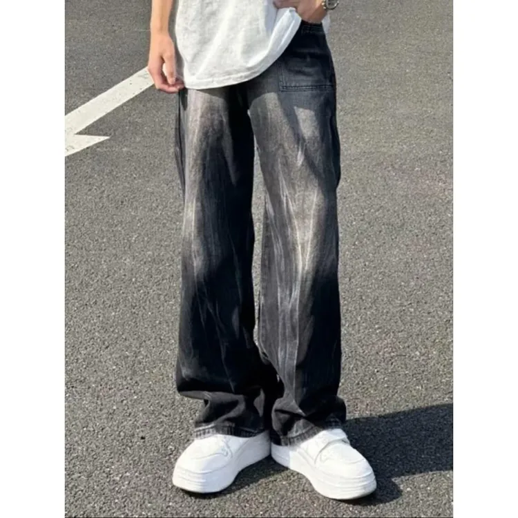 美式街头水洗做旧微喇牛仔裤男春秋直筒宽松欧美高街vibe风长裤子