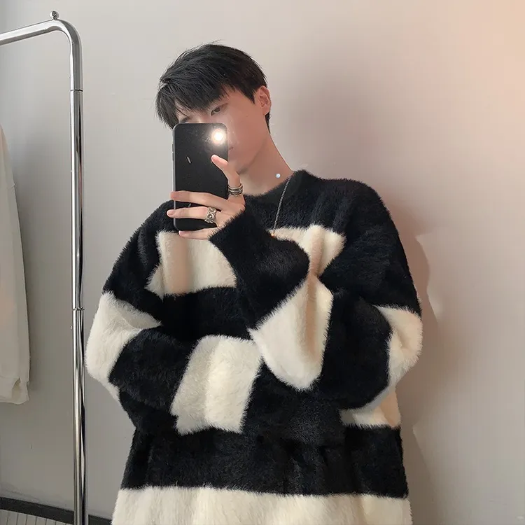 毛衣男士春秋季美式复古2025新款撞色条纹潮流加绒情侣内搭打底衫