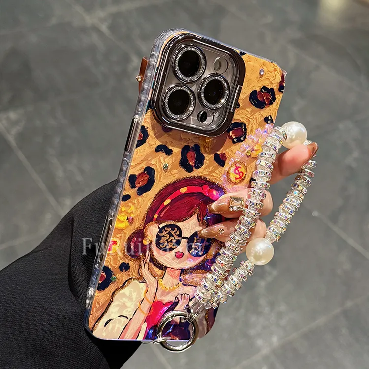 【原创】高级创意豹纹女孩适用iPhone16手机壳15镜框支架14闪粉挂链