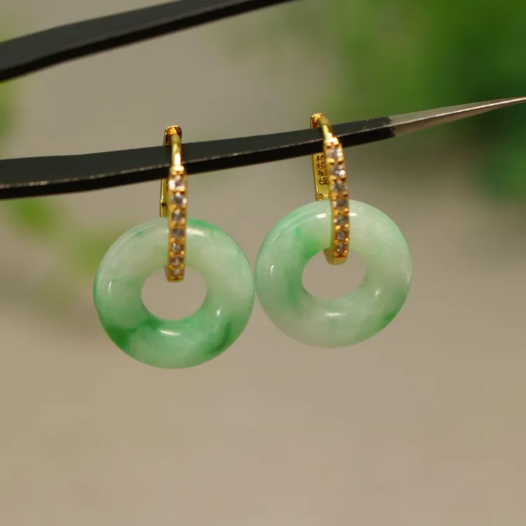 #E759一对S925银扣镶嵌飘阳绿天然A货翡翠小环耳环耳坠