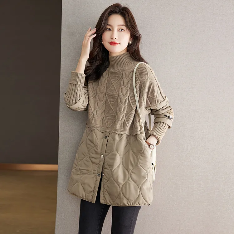 中长款毛衣女遮屁股2024秋冬新款棉衣拼接宽松加厚半高领针织外套