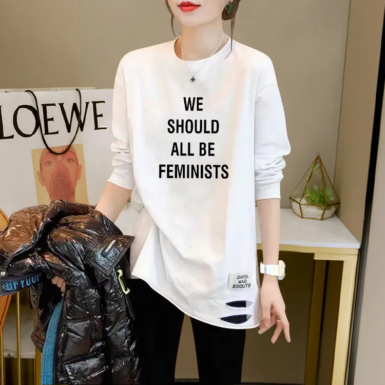 中长款上衣女遮屁股2025新款秋装爆款长袖t恤宽松白色内搭打底衫