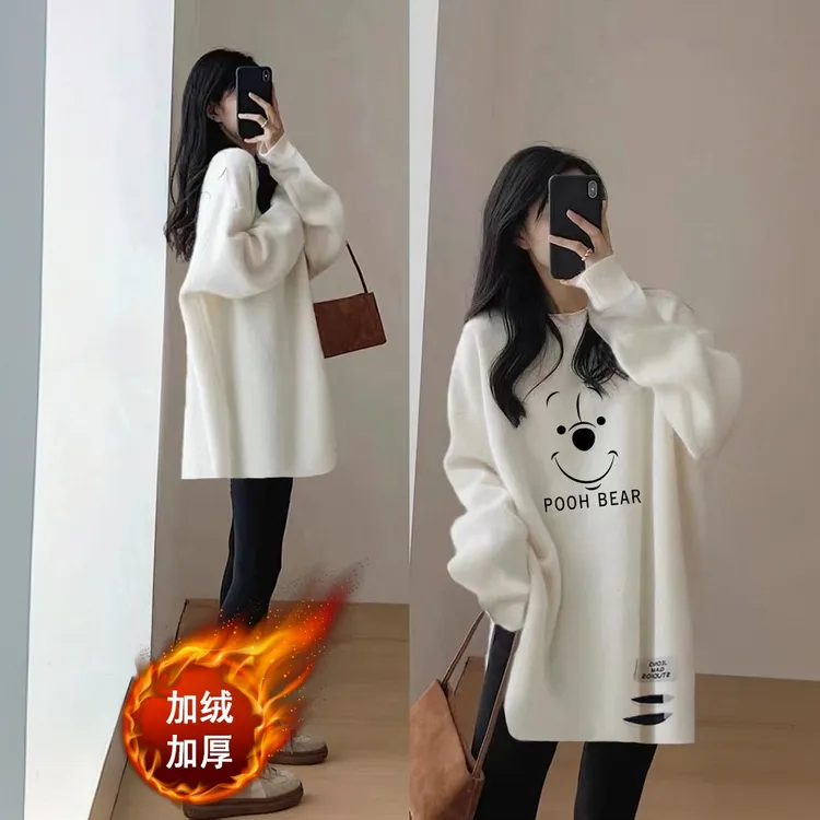 冬季加厚加绒出游服装女圆领上衣保暖内搭打底衫小众设计休闲T恤