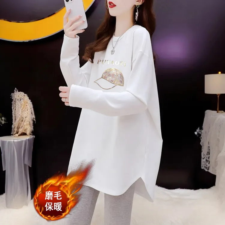 加绒中长款t恤休闲印花上衣遮屁股搭配专用芭比裤鲨鱼裤打底衫