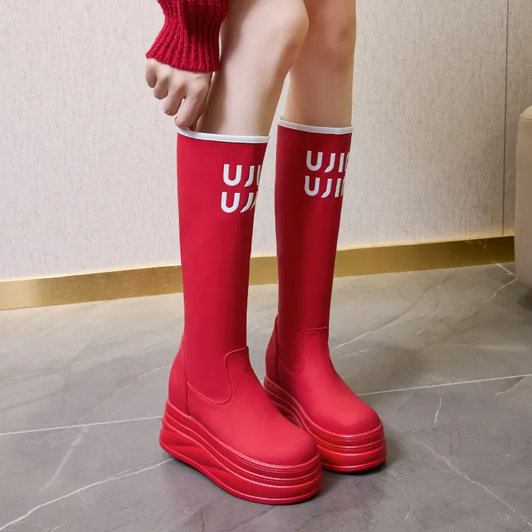 红色长筒靴女内增高10cm松糕厚底女靴字母小个子白色高筒骑士靴子