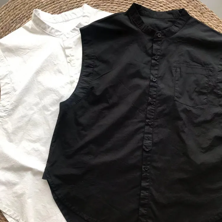 纯棉休闲百搭宽松   简约立领纯色无袖衬衫