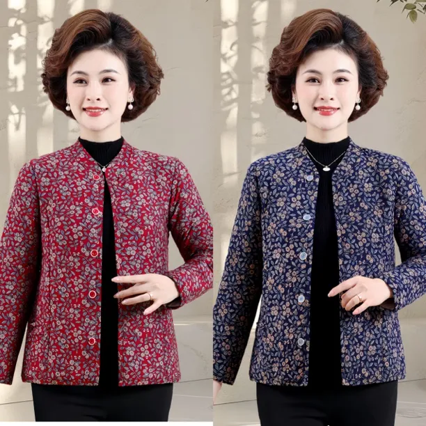 中老年女装冬季加厚加绒保暖外套妈妈装印花棉袄