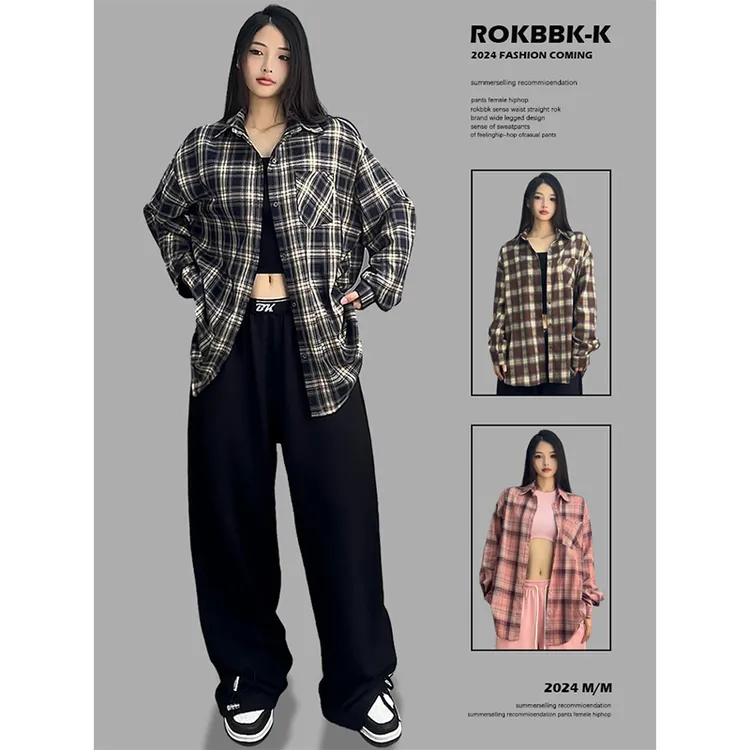 ROKBBK-K/布韩街舞潮牌宽松嘻哈hiphop衬衫女个性格子休闲长袖ins