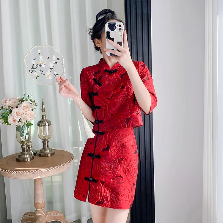 2024秋季高腰显瘦红色洋气改良旗袍套装新中式国风半身裙时尚套装