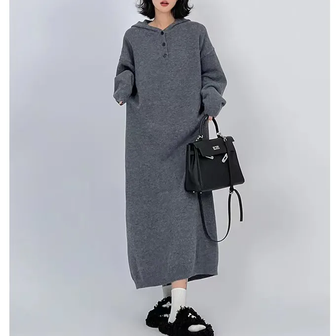 灰色过膝针织连帽连衣裙女秋冬慵懒风宽松休闲显瘦毛衣裙子