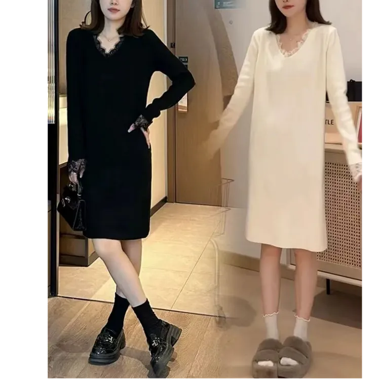 法式长袖黑色连衣裙子女2024新款秋冬季v领高级感气质打底内搭裙