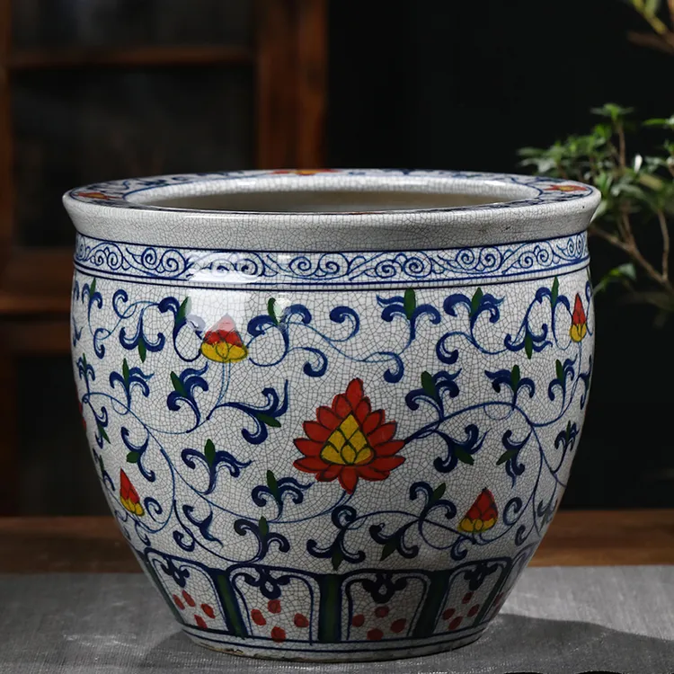 景德镇陶瓷鱼缸荷花睡莲缸碗睡莲书画缸仿古开片青花盆彩绘裂纹