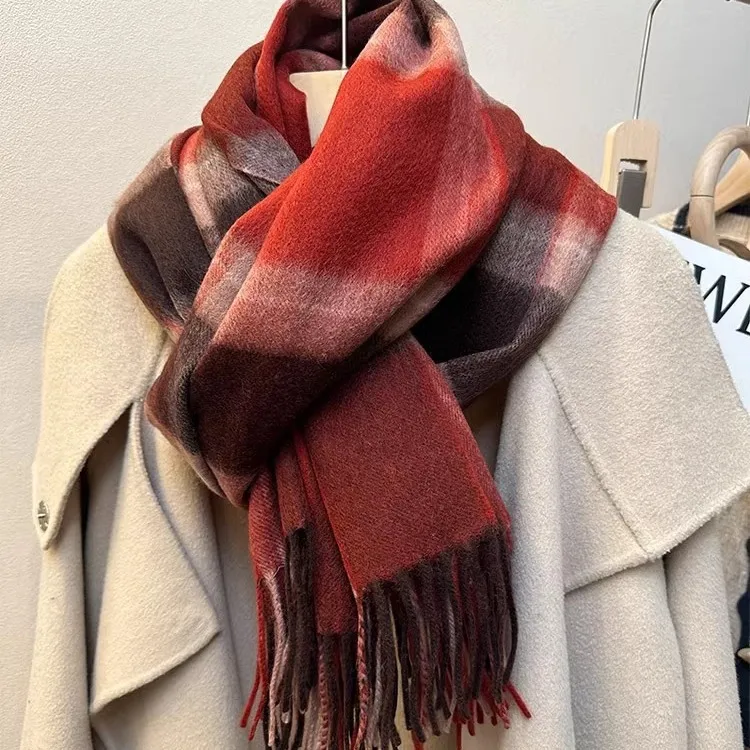 经典羊绒格子围巾情侣款冬季保暖围脖高级感复古新年红格百搭时尚