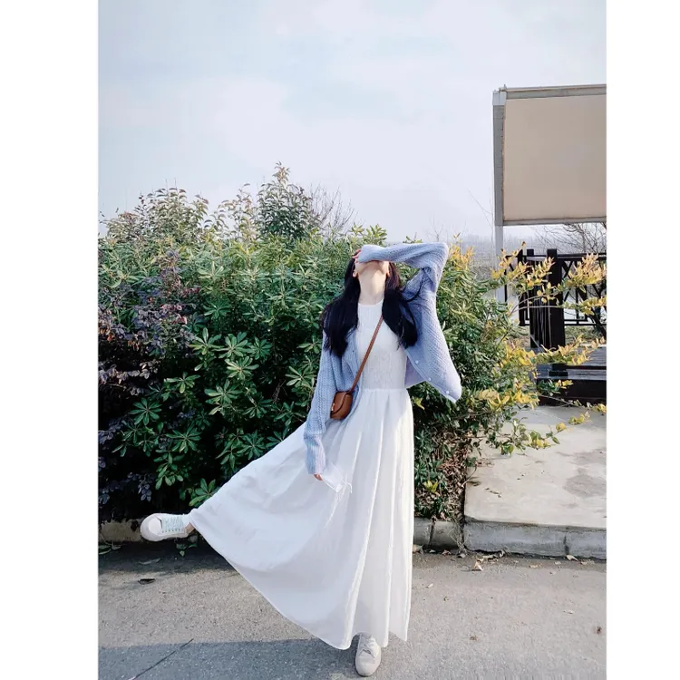 2024早秋新款法式紫色针织开衫甜美温柔风白色无袖背心连衣裙套装