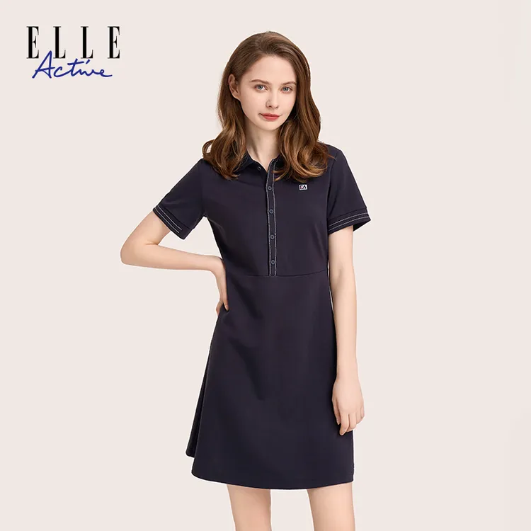 ELLE Active【小香风】女装连衣裙时尚休闲通勤翻领短袖显瘦裙子夏