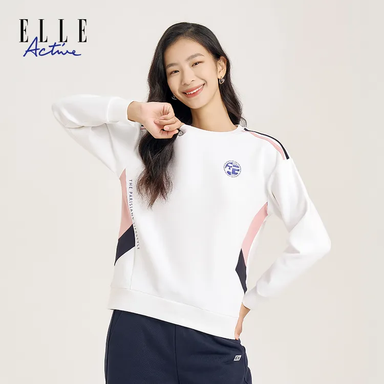 ELLE Active秋季新款女装日常休闲圆领卫衣时尚印花长袖通勤上衣