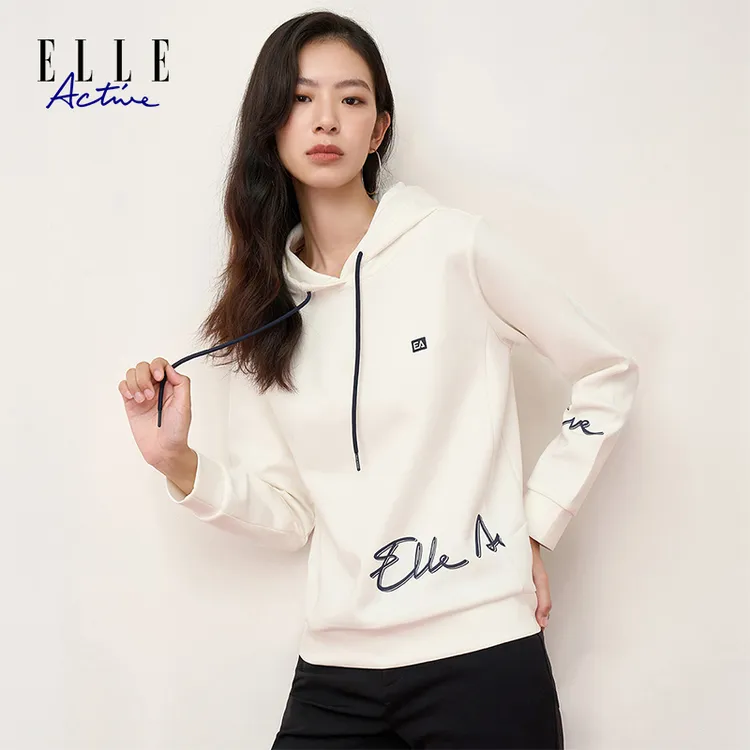 ELLE Active新款连帽卫衣女装春秋长袖休闲百搭字母白色帽衫上衣