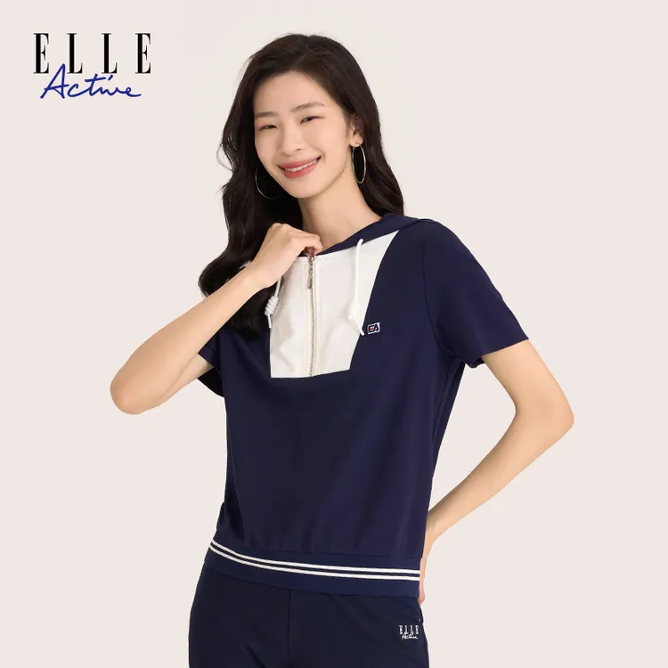 ELLE Active女士休闲撞色百搭短袖T恤时尚拼接连帽运动夏季上衣