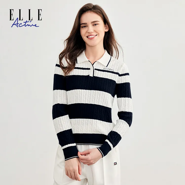 ELLE Active【条纹POLO针织衫】经典翻领长袖毛衣秋季休闲女装上衣