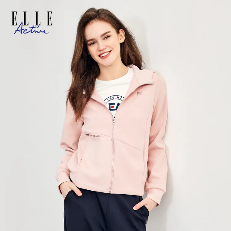 ELLE Active秋季拉链卫衣外套女士运动休闲长袖连帽字母百搭上衣