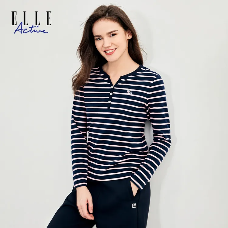 ELLE Active航海系时尚条纹Y领T恤长袖女基础亲肤舒适打底衫上衣